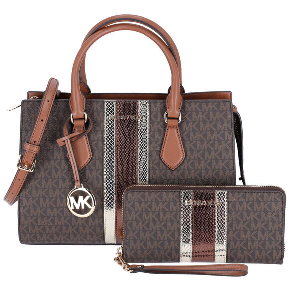 Michael Kors Sheila Medium Signature MK Metallic Satchel Brown Gold + Wallet - Picture 1 of 8